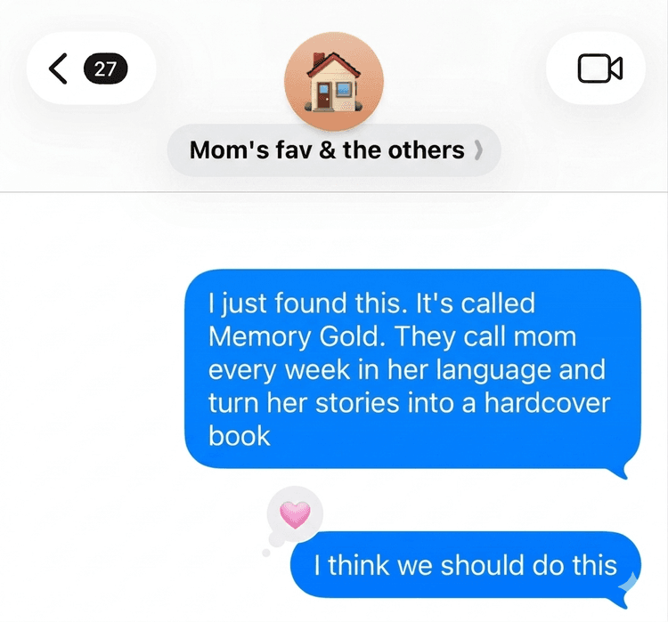 iMessage thread showing Memory Gold being shared in a family group chat